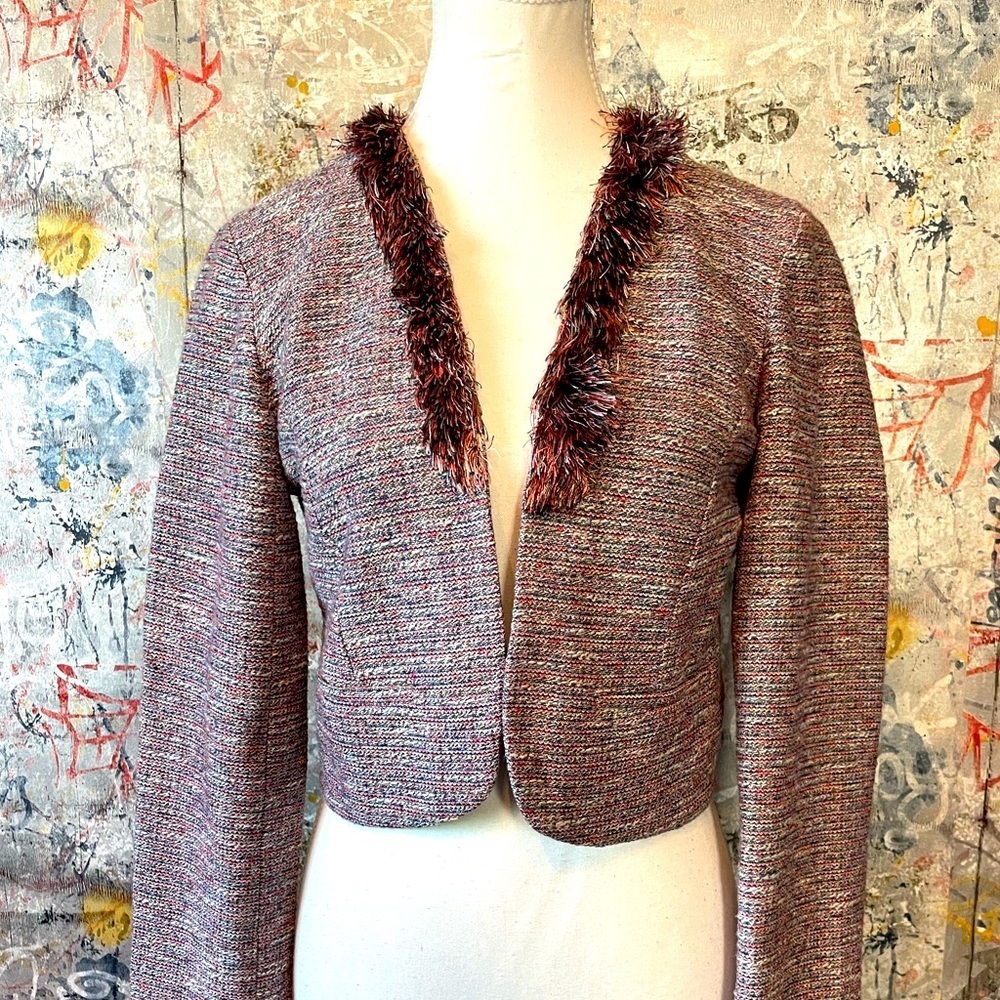 SACHIN + BABI Anthropologie Short Silk-blend Blazer with Unique Fuzzy Co…